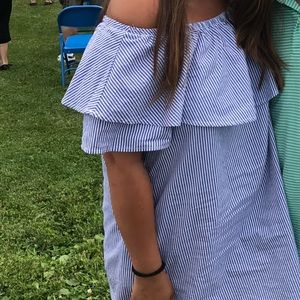Off the Shoulder Blue & White Striped Ruffle Dress